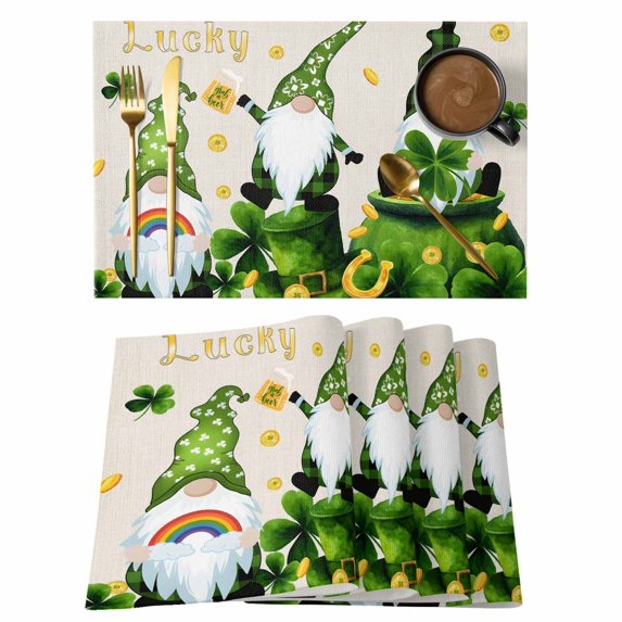 St. Patrick's Day Placemats Set of 8, Green Gnomes Gold Coin Shamrock Beige Placemats for Dining Table, Place Mats for Kitchen Tabletop, Waterproof Wipeable Dining Table Mats Set