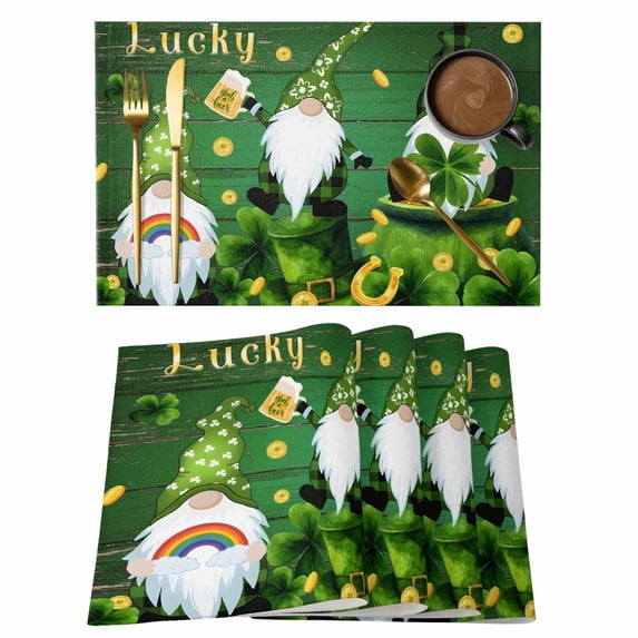 St. Patrick's Day Placemats Set of 8, Green Gnomes Shamrock Gold Coin Wood Grain Placemats for Dining Table, Place Mats for Kitchen Tabletop, Waterproof Wipeable Dining Table Mats Set