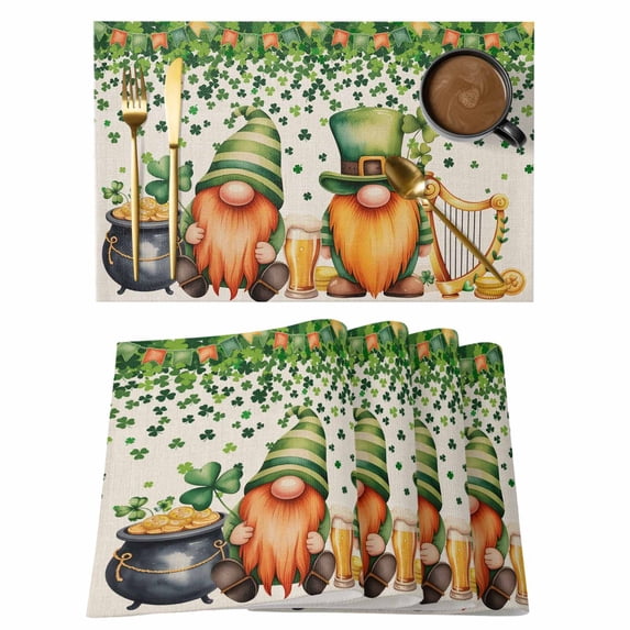 St. Patrick's Day Placemats Set of 8, Green Lucky Shamrocks Harp Beer Retro Rustic Placemats for Dining Table, Place Mats for Kitchen Tabletop, Waterproof Wipeable Dining Table Mats Set