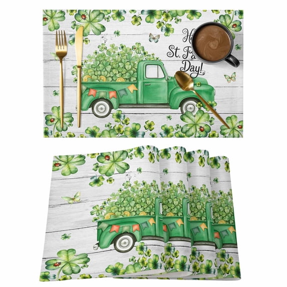 St. Patrick's Day Placemats Set of 8, Green Shamrocks Truck Farmhouse Wood Placemats for Dining Table, Place Mats for Kitchen Tabletop, Waterproof Wipeable Dining Table Mats Set