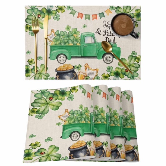 St. Patrick's Day Placemats Set of 8, Green Truck Lucky Shamrocks Flags Retro Placemats for Dining Table, Place Mats for Kitchen Tabletop, Waterproof Wipeable Dining Table Mats Set