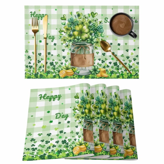 St. Patrick's Day Placemats Set of 8, Spring Botanical Clovers Coin Green Check Placemats for Dining Table, Place Mats for Kitchen Tabletop, Waterproof Wipeable Dining Table Mats Set