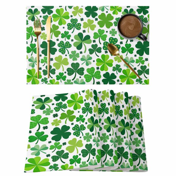 St. Patrick's Day Placemats Set of 8 Spring Green Lucky Irish Clovers Place Mats Indoor Wipeable Table Mats Washable Cloth Dining Table Placemats for Kitchen Holiday Party Home Decor 13x19 Inch
