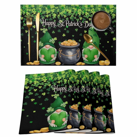 St. Patrick's Day Placemats Set of 8 Spring Lucky Shamrocks Green Gnomes Black Place Mats Indoor Wipeable Table Mats Washable Dining Table Placemats for Kitchen Holiday Party Home Decor 13x19 Inch