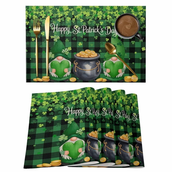 St. Patrick's Day Placemats Set of 8, Spring Lucky Shamrocks Green Gnomes Plaid Placemats for Dining Table, Place Mats for Kitchen Tabletop, Waterproof Wipeable Dining Table Mats Set