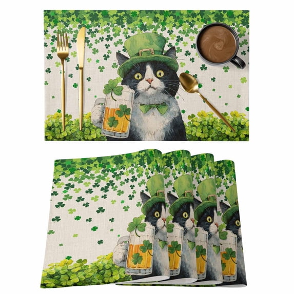 St. Patrick's Day Placemats Set of 8, Vintage Cute Cat Beer Green Clovers Placemats for Dining Table, Place Mats for Kitchen Tabletop, Waterproof Wipeable Dining Table Mats Set
