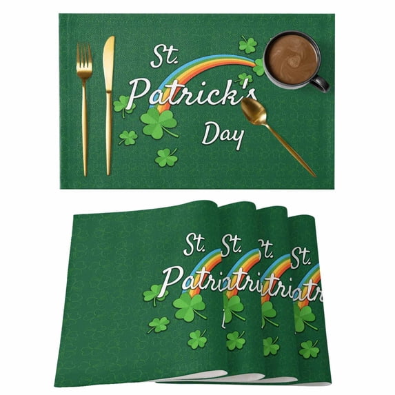 St. Patrick's Day Placemats Set of 8 Irish Shamrock Rainbow Green Spring Heat Insulation Washable Place Mats, Rustic Non-Slip Table Mats for Dining Table Party Kitchen Decor,13x19 Inch