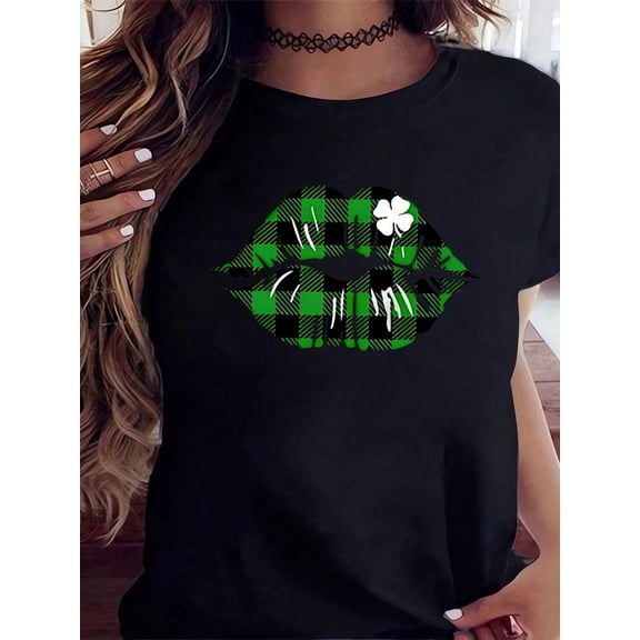 St. Patrick's Day Plaid Lips T-Shirt With Shamrock Design - Women's Casual White Tee For Irish Festival, Saint Patrick's Day Party, Holiday Outfit, Lucky Green Buffalo Check Lip Print Top