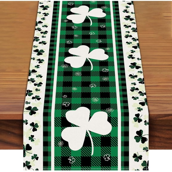 St. Patrick''s Day Plaid Shamrock Table Runner 72 x 13 Inch, Green and White Clover Checkered Pattern Table Cover for Irish Holiday Celebration, Perfect for Home, Party, Kitchen Dining Mantel Decor