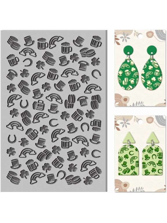 St. Patrick's Day Polymer Clay Texture Sheets Shamrock Rainbow Hat Rubber Texture Stamp Sheets for Polymer Clay Texture Mat for Making Earrings Jewerly Polymer Clay Earrings Tools colorful DIY