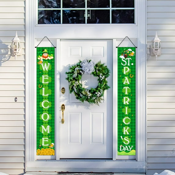St. Patrick's Day Porch Banner Welcome Sign Double Sided Outdoor Hanging Door Decoration for Irish Holiday Party Home Decor(B)