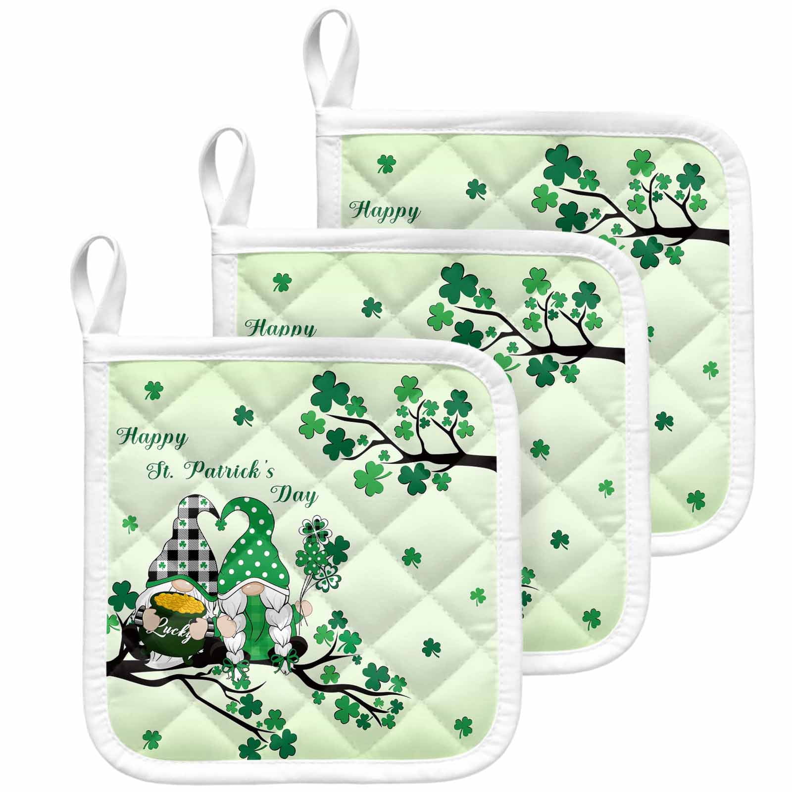 St. Patrick's Day Pot Holders for Kitchen Heatproof Potholder, 3 Pack Green Ombre Lucky Tree Gnomes Hot Pads Multipurpose Oven Pads Cloth Potholders Trivet for Cooking Baking