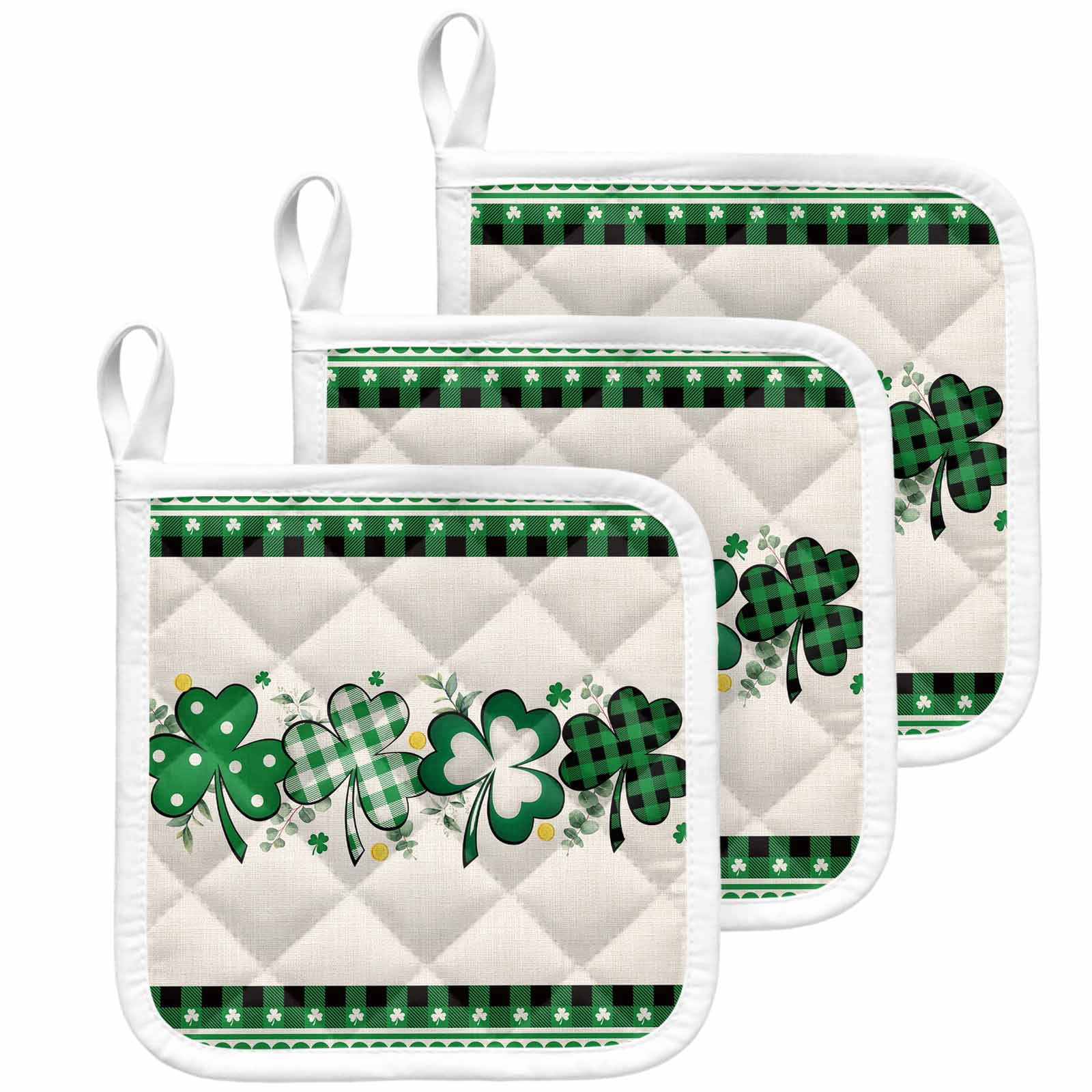 St. Patrick's Day, Pot Holders for Kitchen Heatproof Potholder, 3 Pack Green Shamrock Farmhouse Plaid Eucalyptus Hot Pads Multipurpose Oven Pads Cloth Potholders Trivet for Cooking Baking