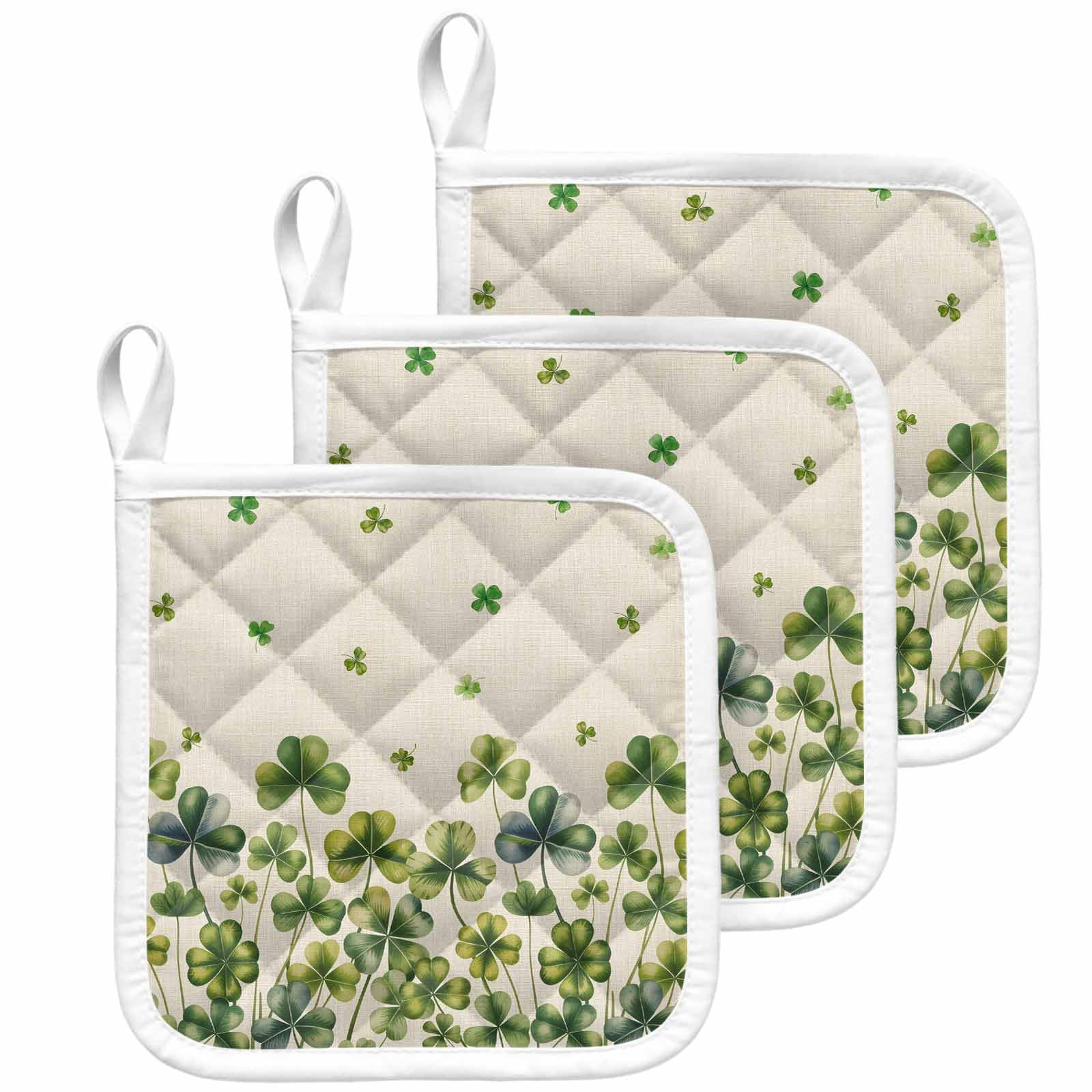 St. Patrick's Day Pot Holders for Kitchen Heatproof Potholder, 3 Pack Spring Green Shamrock Botanical Beige Hot Pads Multipurpose Oven Pads Cloth Potholders Trivet for Cooking Baking