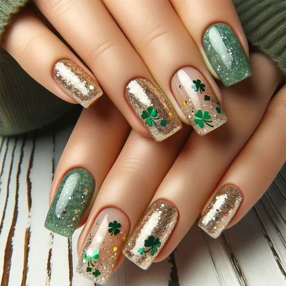 St. Patricks Day Press on Nails Short, Glossy Green Shamrock Square Fake Nails, St. Patricks False Nails with Full Cover Green Glitter Designs, Lucky Clover Glue on Nails for Women 24PCS