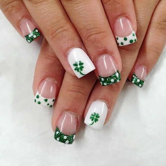 St Patrick's Day Press on Nails Short Square Fake Nails White Dots with Green Glitter Full Cover Tip Stick on Nails Shamrock Nude Nails Designs Glue on Nails Acrylic False Nails for Women DIY Irish