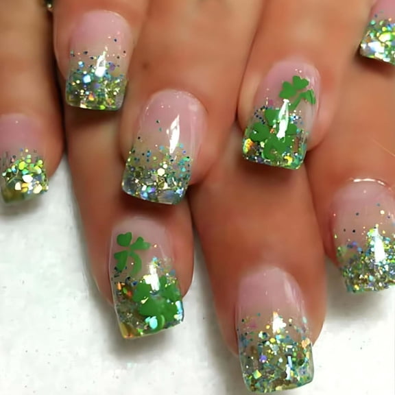 St. Patrick's Day Press on Nails Square Short Fake Nails French Tip Nails Press ons Glossy Glue on Nails Nude Acrylic Nails with Green Glitter Shamrock Designs Clover Stick on Nails for Women 24Pcs