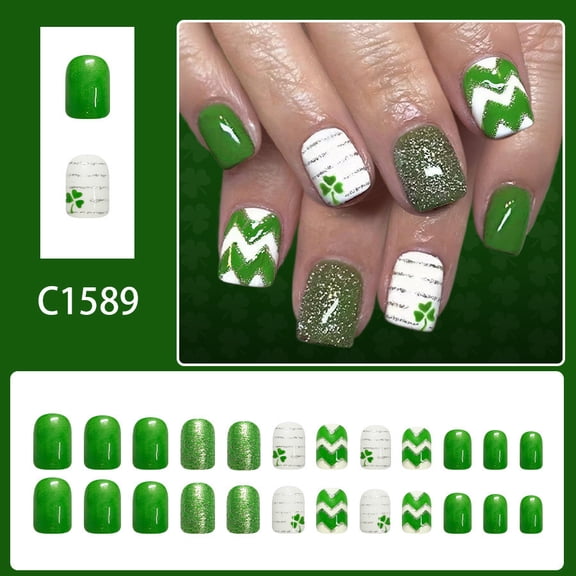 St. Patrick's Day Press On Nails - 24pc Short Green Glitter & Shamrock Fake Nails with Adhesive, Short Squoval-shaped Press-on Nails