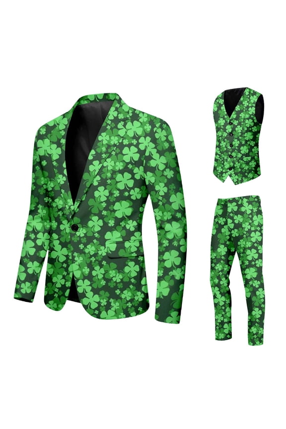 St Patrick's Day Print Three Piece Formal Suit Jacket Vest Trousers Shamrock Design Blazer Pants Tie Green Irish St. Paddys Holiday Party