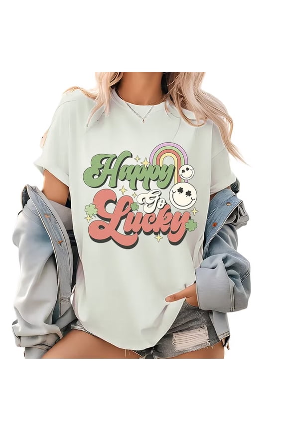 St. Patrick's Day Print Tshirt White S-5XL Graphic Tees Happy Go Lucky Shirts Casual Cotton Short Sleeve Tops