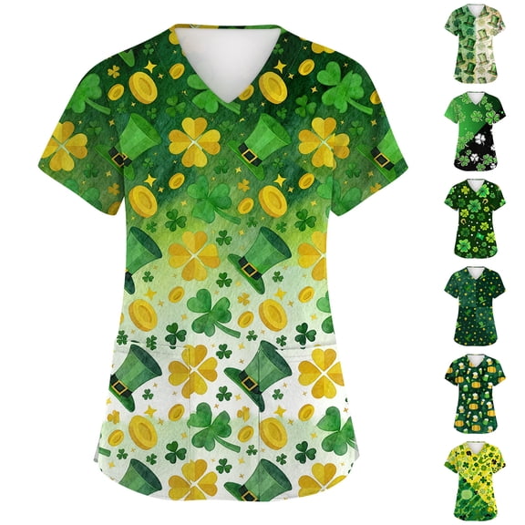 St Patrick's Day Print V Neck Short Sleeve Workwear Top for Women Fashion Scrub Tops with Pocket Casual Work Shirts 2026 Black L