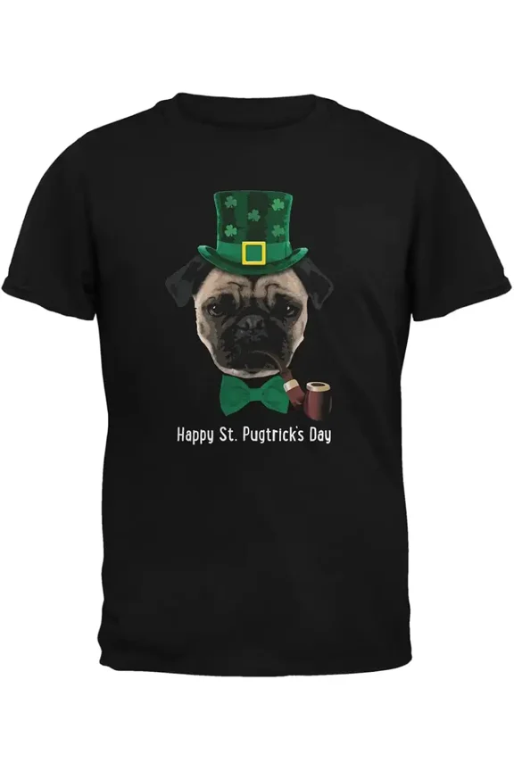 St. Patrick's Day Pug Dog Graphic T-Shirt - Leprechaun Hat Shamrock Men's Women's Unisex Black Tee