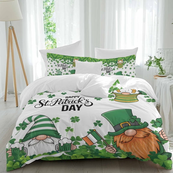 St. Patrick's Day Queen Size Comforter Set, Funny Green Gnome Beer Flag Horseshoe Shamrocks Bedding for All Seasons, 4 Pcs Bed Set, 1Quiltcover (90"x92") ,1Sheet(94"x116"), 2Pillowcases (30"x20")