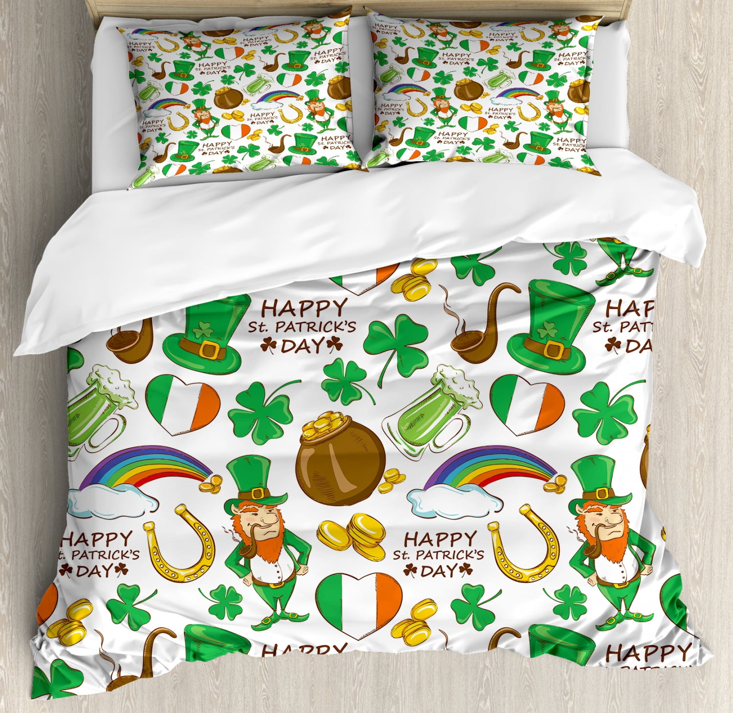St Patrick's Day Leprechaun Beer Pattern Print Bed Set Quilt