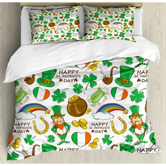 St. Patrick's Day Queen Size Duvet Cover Set, Irish Party Pattern Beer Leprechaun Flag Hearts Rainbow Gold and Shamrock, Decorative 3 Piece Bedding Set with 2 Pillow Shams, Multicolor, by Ambesonne