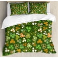 thumbnail image 1 of St. Patrick's Day Queen Size Duvet Cover Set, Lucky Shamrocks Pattern Irish Clover Celebration Day Party Prints, Decorative 3 Piece Bedding Set with 2 Pillow Shams, Green and Orange, by Ambesonne, 1 of 3