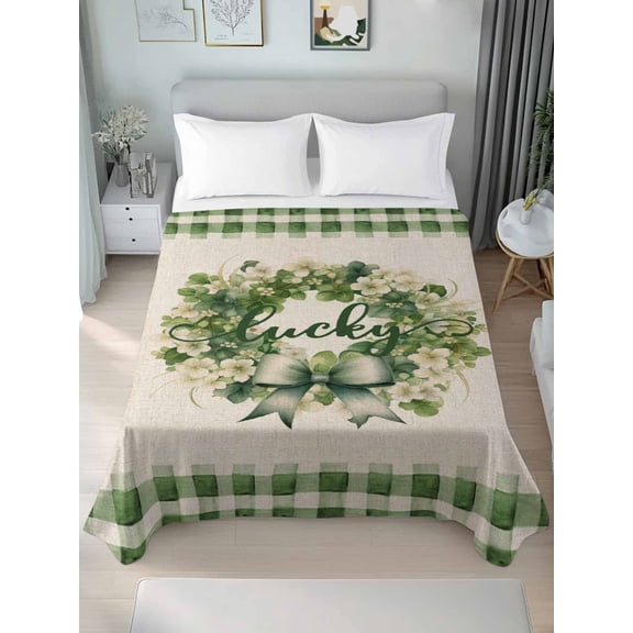 St. Patrick's Day, Queen Size Flat Sheet, Wrinkleproof & Fadeproof Cooling Flat Bed Sheet Only, Watercolor Leaves Floral Plaid Wreath Breathable Soft Bedding Top Sheets 90 x 102 Inches