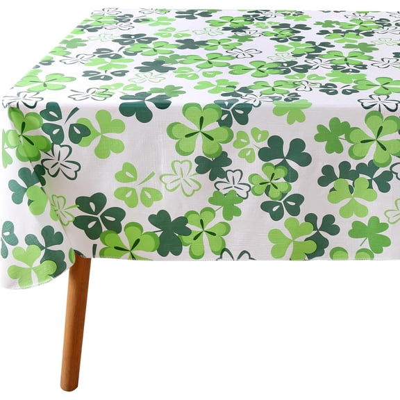 St Patricks Day Rectangle Tablecloth - 60x84 Inch Waterproof Green/White Shamrock Table Cloth Vinyl Wipe Clean Clover Table Cover for Dining Room, Kitchen, Indoor/Outdoor Party