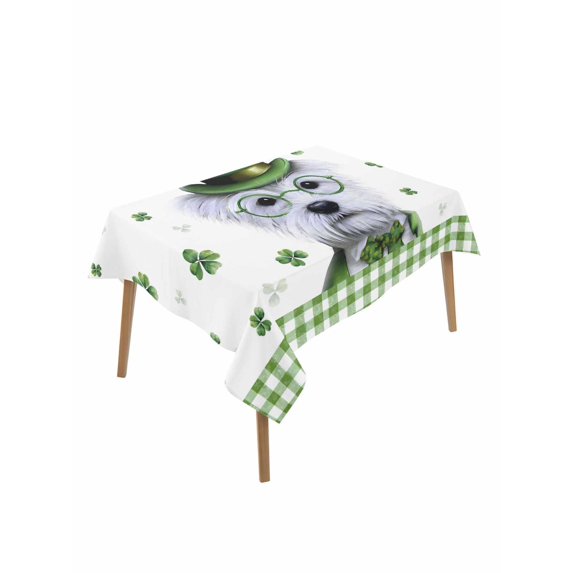 St. Patrick's Day Rectangle Tablecloth, Cute Puppy Shamrock Hat Dog Green Plaid Waterproof & StainResistant Tablecloth, Washable Oil-proof Table Cover for Dining/Party/Wedding/Camping/Buffet 52x70 In