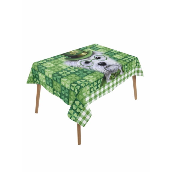 St. Patrick's Day Rectangle Tablecloth, Spring Lucky Shamrock Cute Puppy Green Plaid Waterproof & StainResistant Tablecloth, Washable Oil-proof Table Cover for Dining/Party/Wedding/Buffet 60x84 In