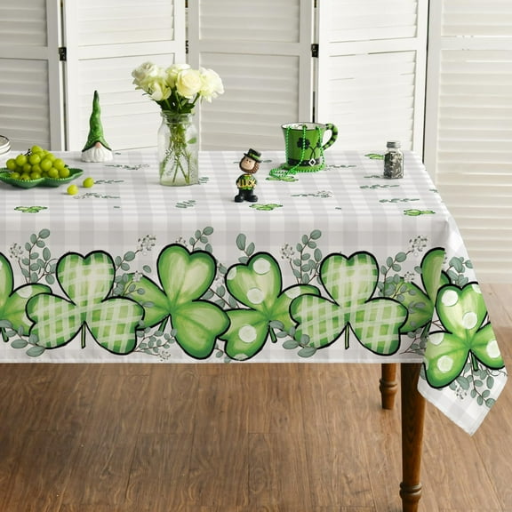 St. Patrick''s Day Rectangular Tablecloth 60×84 Inch, Buffalo Plaid Shamrock Eucalyptus Washable Table Cover for Party Picnic Dinner Decor