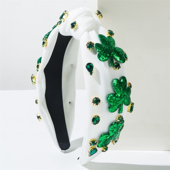 St. Patrick's Day Rhinestone-Embellished Headband Wide Padded Headband with Sequined Shamrock Appliques and Decorative Gem Accents for Festive Occasions and Events White