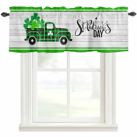 St. Patrick's Day Rod Pocket Curtain Valance, Spring Lucky Grass Truck Striped Wood Farmhouse Window Valance for Living Room, Bedroom, Kitchen 42"W x 12"L
