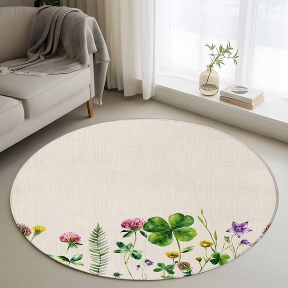 St. Patrick's Day Round Area Rug 3Ft Washable Small Circle Rugs for Kitchen Entryway, Colorful Shamrocks Floral Botanical Beige Non-Slip Carpet Floor Mats Indoor Outdoor Carpet Runner Home Decor
