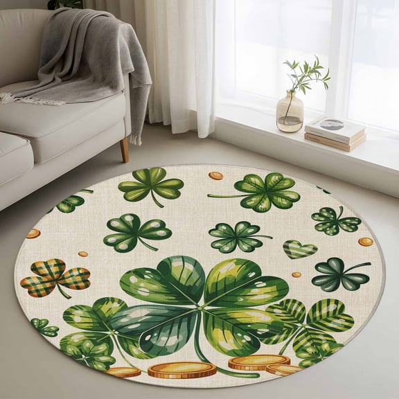 St Patrick's Day Round Area Rug 3Ft Washable Small Circle Rugs for Kitchen Entryway, Green Shamrock Leaf Gold Coin Retro Beige Non-Slip Carpet Floor Mats Indoor Outdoor Carpet Runner Home Decor