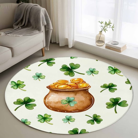 St. Patrick's Day Round Area Rug 3Ft Washable Small Circle Rugs for Kitchen Entryway, Spring Gold Coin Botanical Clovers Leaves Non-Slip Carpet Floor Mats Indoor Outdoor Carpet Runner Home Decor