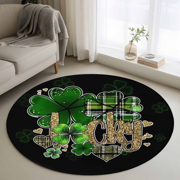 St. Patrick's Day Round Area Rug 3Ft Washable Small Circle Rugs for Kitchen Entryway, Spring Green Shamrock Gold Lucky Love Black Non-Slip Carpet Floor Mats Indoor Outdoor Carpet Runner Home Decor