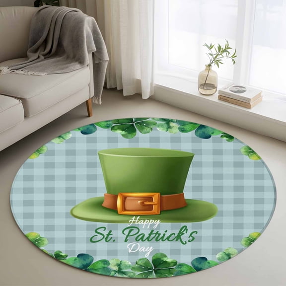St. Patrick's Day Round Area Rug 4ft, Spring Coin Green Clovers Blue Lattice Washable Non-Slip Circle Rugs for Bedroom Living Room Kitchen, Soft Non Shedding Circle Carpet for Dining Room Dorm
