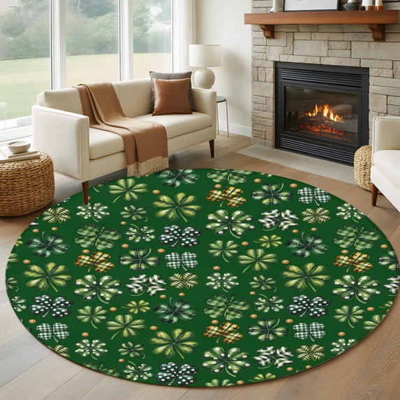 St Patrick's Day Round Area Rug 5Ft Washable Circle Rugs for Living Room Bedroom, Watercolor Shamrock Leaf Retro Dark Green Non-Slip Carpet Floor Mats Indoor Outdoor Carpet Runner Home Decor