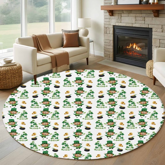 St. Patrick's Day Round Area Rug 6Ft Washable Circle Rugs for Bathroom Office, Green Shamrock Gingerbread Man Gold Coin Non-Slip Carpet Floor Mats Indoor Outdoor Carpet Runner Aesthetic Home Decor