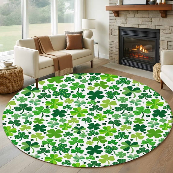 St. Patrick's Day Round Area Rug 6Ft Washable Circle Rugs for Bathroom Office, Spring Green Lucky Irish Clovers Non-Slip Carpet Floor Mats Indoor Outdoor Carpet Runner Aesthetic Home Decor