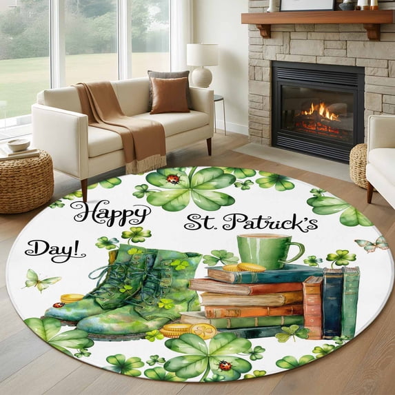 St. Patrick's Day Round Area Rug 7Ft Washable Circle Rugs for Dorm Laundry Room, Lucky Shamrocks Boots Books Green Plants Non-Slip Carpet Floor Mats Indoor Outdoor Carpet Runner Aesthetic Home Decor
