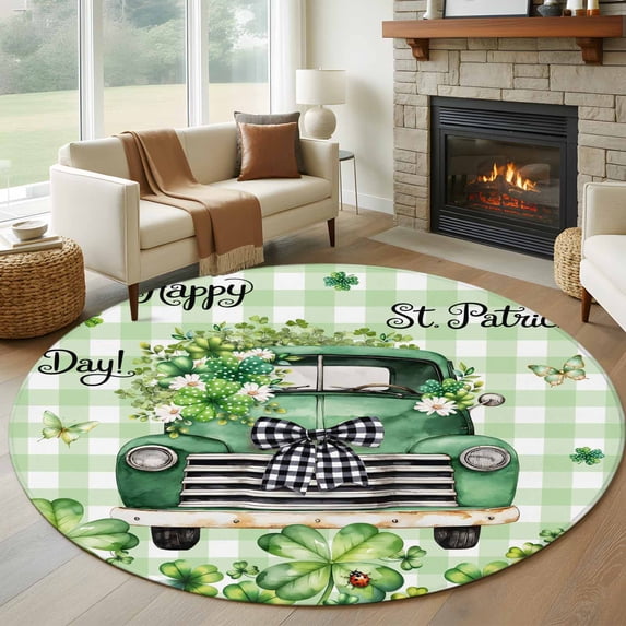 St. Patrick's Day Round Area Rug 8Ft Washable Large Circle Rugs for Living Room Dorm, Green Truck Leaf Flowers Butterfly Plaid Non-Slip Carpet Floor Mats Indoor Outdoor Carpet Runner Home Decor