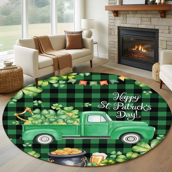 St. Patrick's Day Round Area Rug 8Ft Washable Large Circle Rugs for Living Room Dorm, Green Truck Lucky Shamrocks Farmhouse Check Non-Slip Carpet Floor Mats Indoor Outdoor Carpet Runner Home Decor