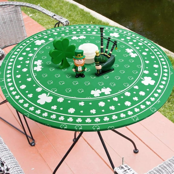 St. Patrick''s Day Round Fitted Tablecloth with Elastic Edge, Washable Green Irish Lucky Shamrock Table Cover 40"-44" Waterproof Stain Resistant Table Cloth for Home Kitchen Dining Party Decor