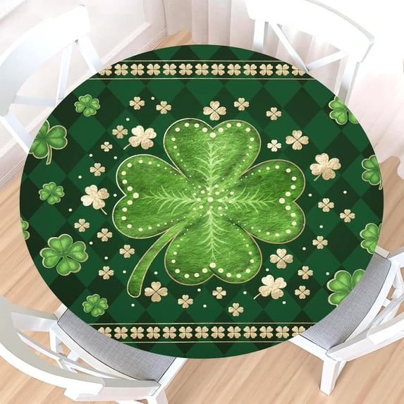 St. Patrick''s Day Round Fitted Tablecloth with Elastic Edge,Water&Stain-Resistant Wipeable Green Shamrock Floral Clover for 48-52" Found Tables St Patricks Day Table Cloth for Dinner,Outdoor,Patio